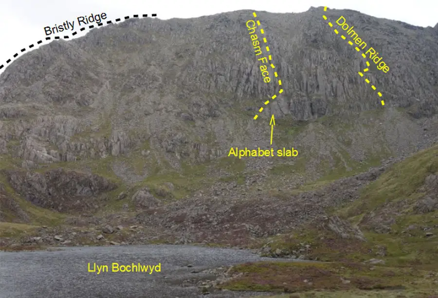 View of Glyder Fach with bristly ridge, chasm face, and Dolmen ridge routes.